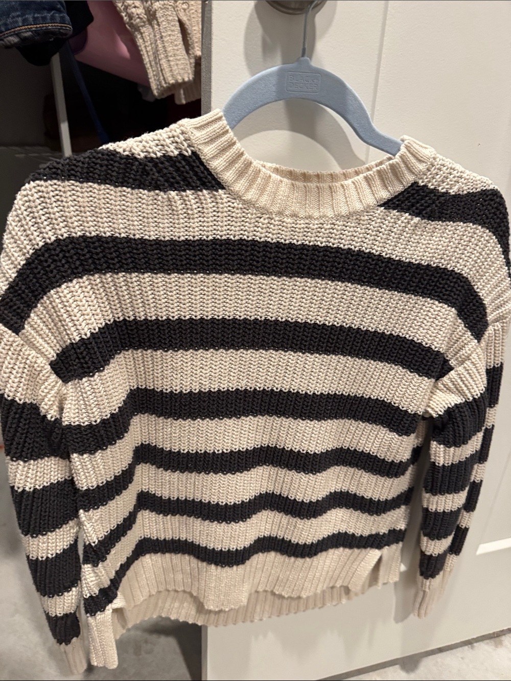 American Eagle Outfitters Black and Cream Striped Crewneck Sweater